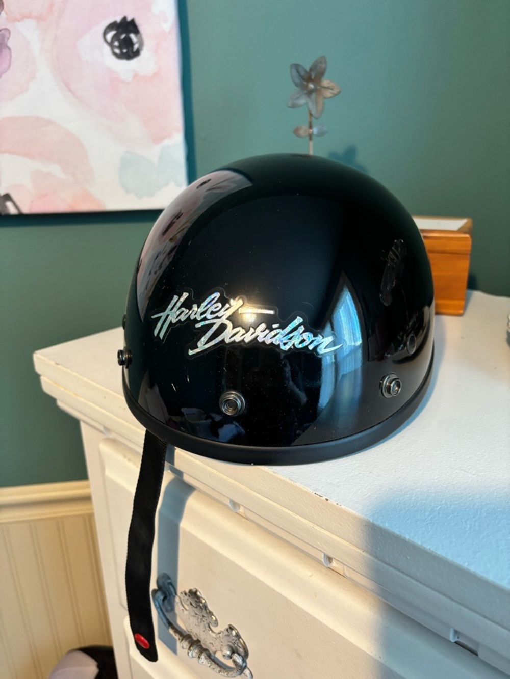 Harley-Davidson Glossy Black Half Shell Helmet with Chrome Script size S.